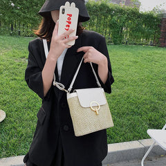 Small Woven Bucket Bag Beach Handbags for Women Female Travel Vacation Straw Cro
