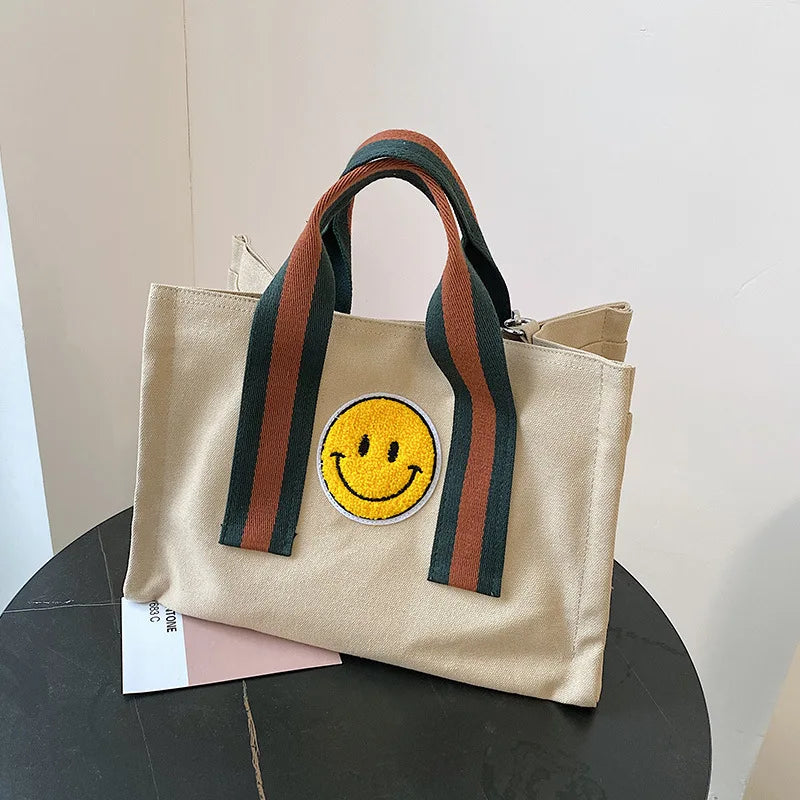 Smiley Printed Canvas Bag Large Capacity Tote Bag Women's Shoulder Crossbody Bag