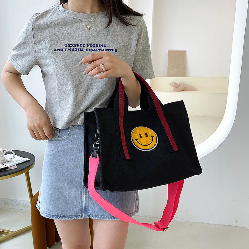 Smiley Printed Canvas Bag Large Capacity Tote Bag Women's Shoulder Crossbody Bag