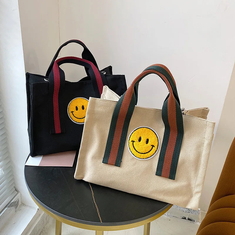 Smiley Printed Canvas Bag Large Capacity Tote Bag Women's Shoulder Crossbody Bag