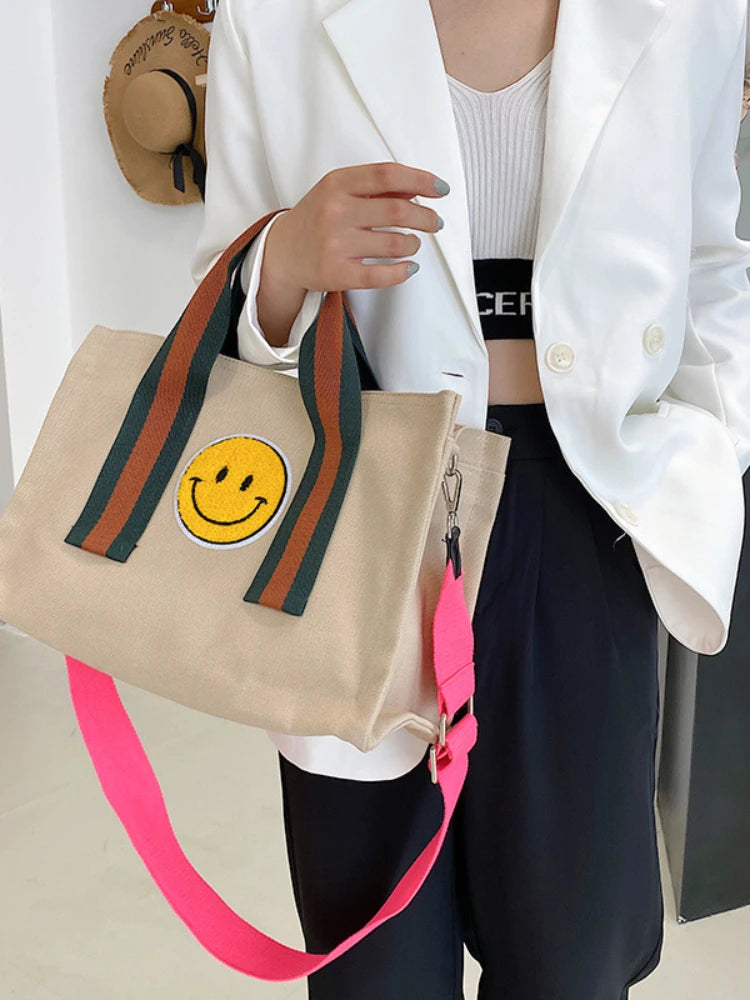 Smiley Printed Canvas Bag Large Capacity Tote Bag Women's Shoulder Crossbody Bag