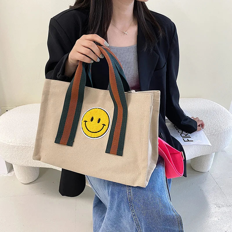 Smiley Printed Canvas Bag Large Capacity Tote Bag Women's Shoulder Crossbody Bag