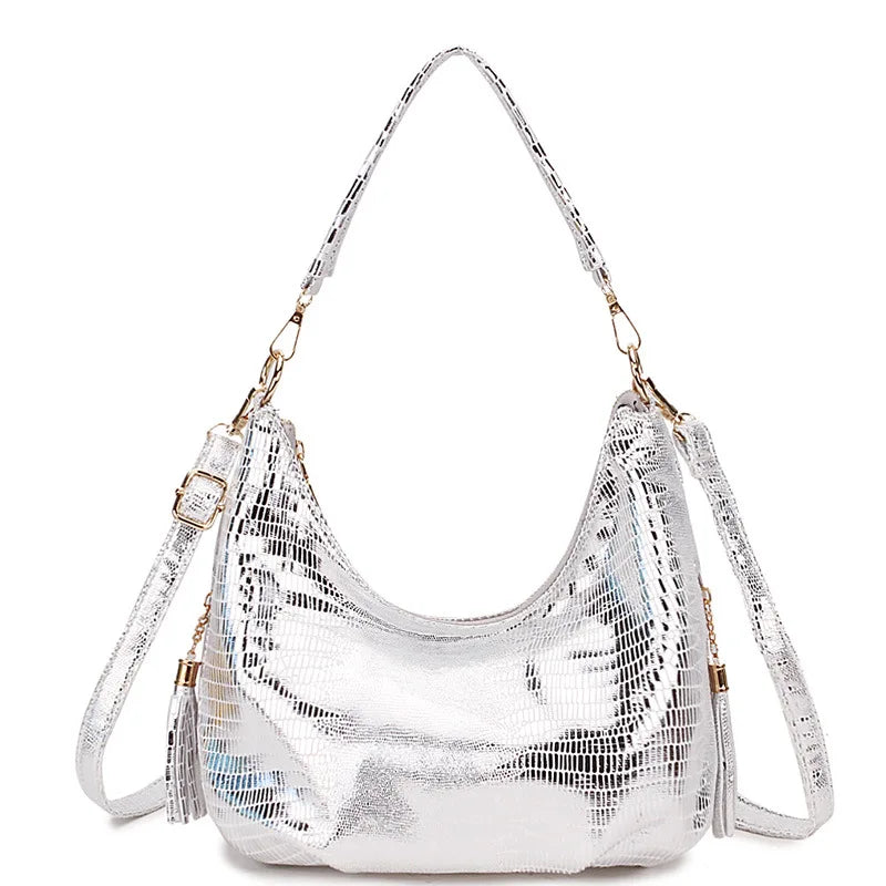 Snake Print Messenger Bag Women's Crossbody Shoulder Handbag Silver