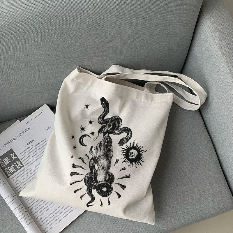 Snake Print Canvas Bag Skull Gothic Large-Capacity Shopper Bag
