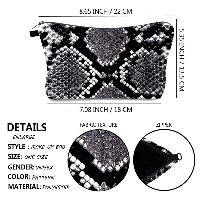 Snakeskin 3D Printing Makeup Bag Cosmetic Organizer Bag Women Storage Bag