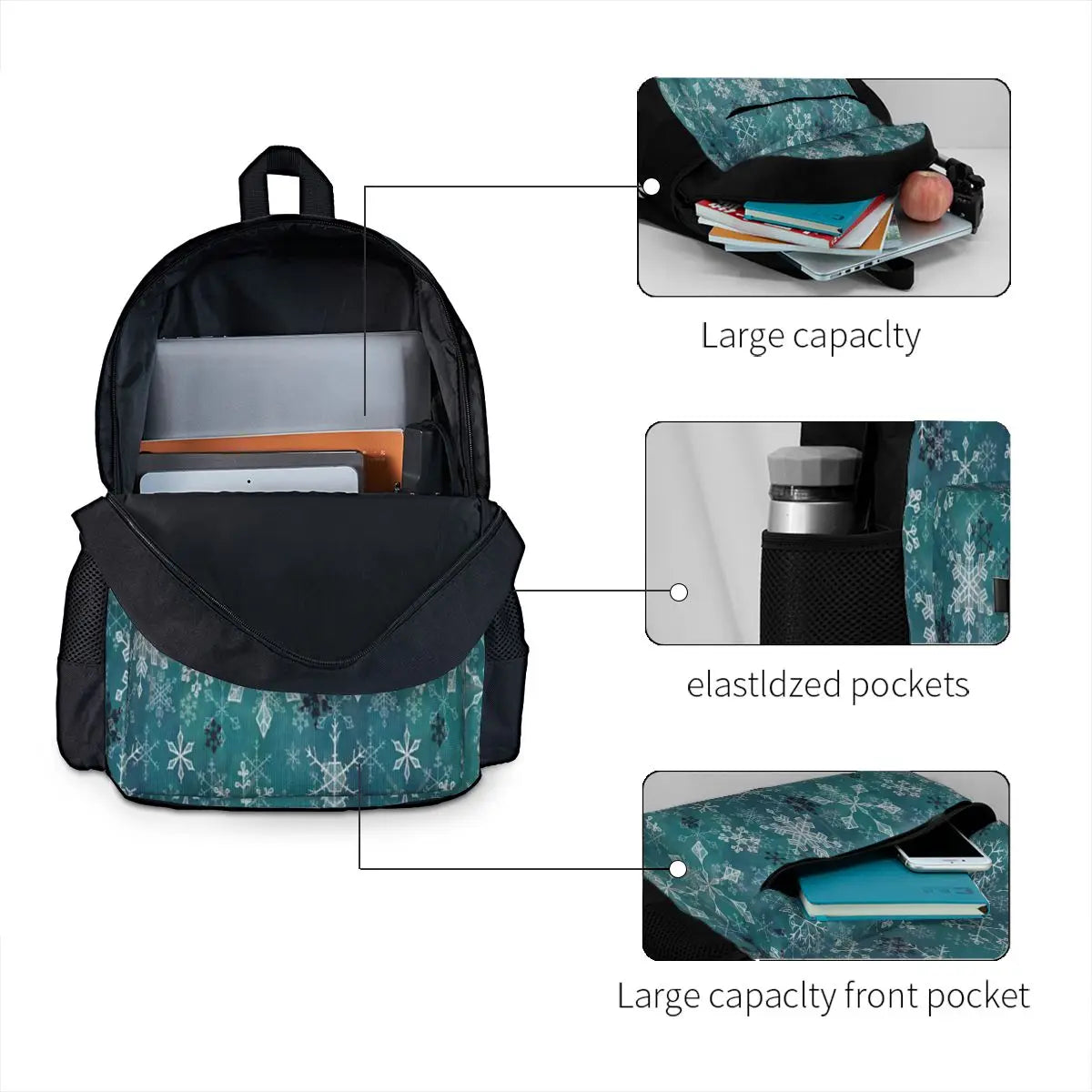 Snowflake Crystals Teal Backpacks Men Women Travel School Bags