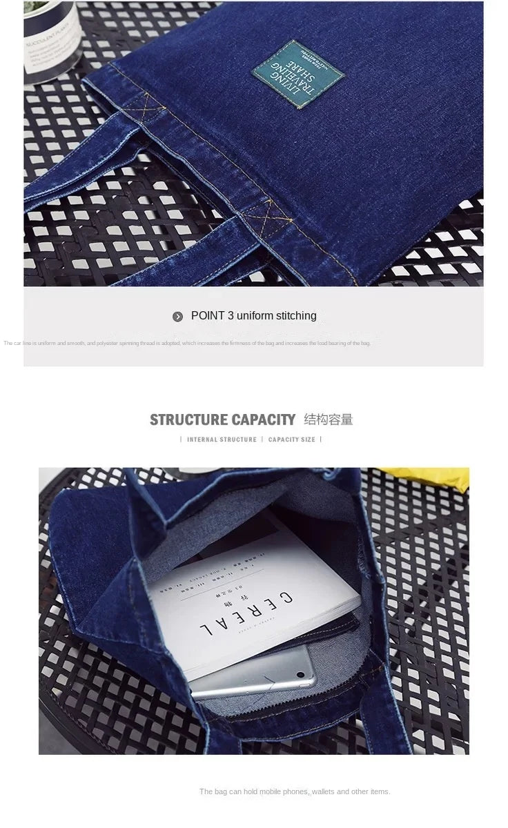 Soft Denim Ripped Zipper Shoulder Bag Female Student Lightweight Tote Bag