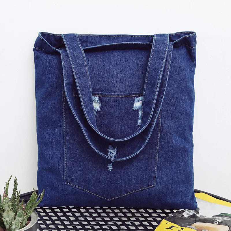 Soft Denim Ripped Zipper Shoulder Bag Female Student Lightweight Tote Bag