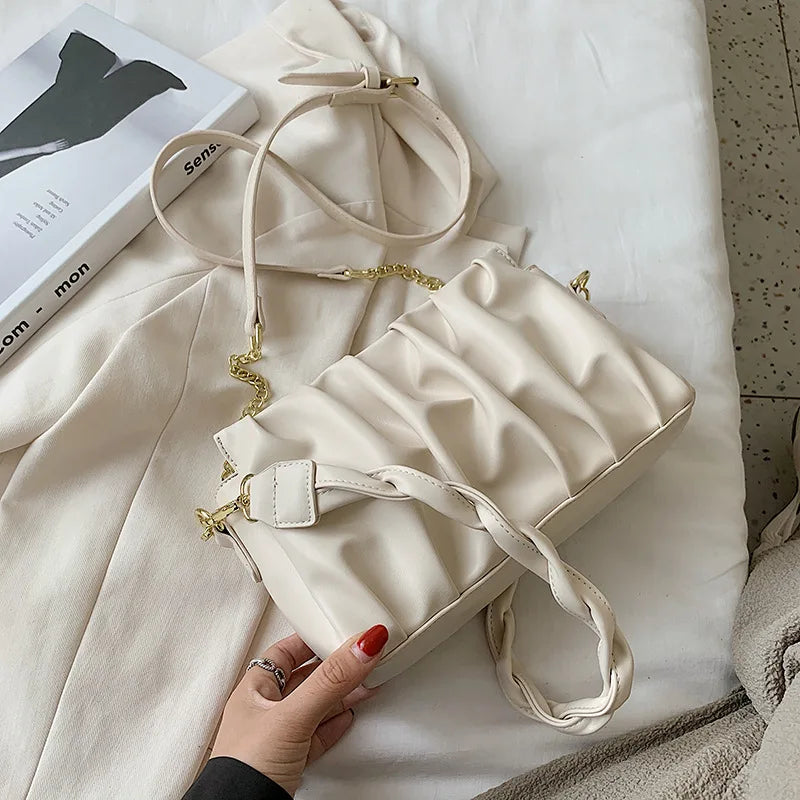 Soft-Faced Solid Folds Magnetic Buckle Handbag Women Zipper PU Underarm Shoulder