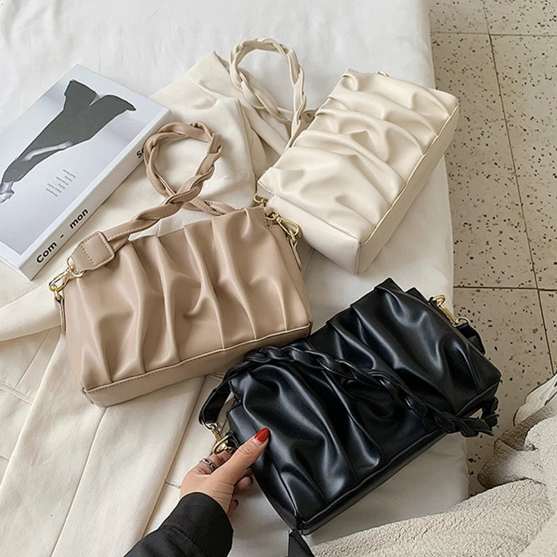 Soft-Faced Solid Folds Magnetic Buckle Handbag Women Zipper PU Underarm Shoulder