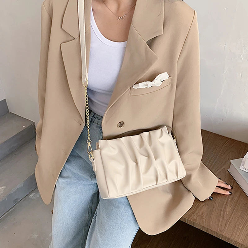 Soft-Faced Solid Folds Magnetic Buckle Handbag Women Zipper PU Underarm Shoulder