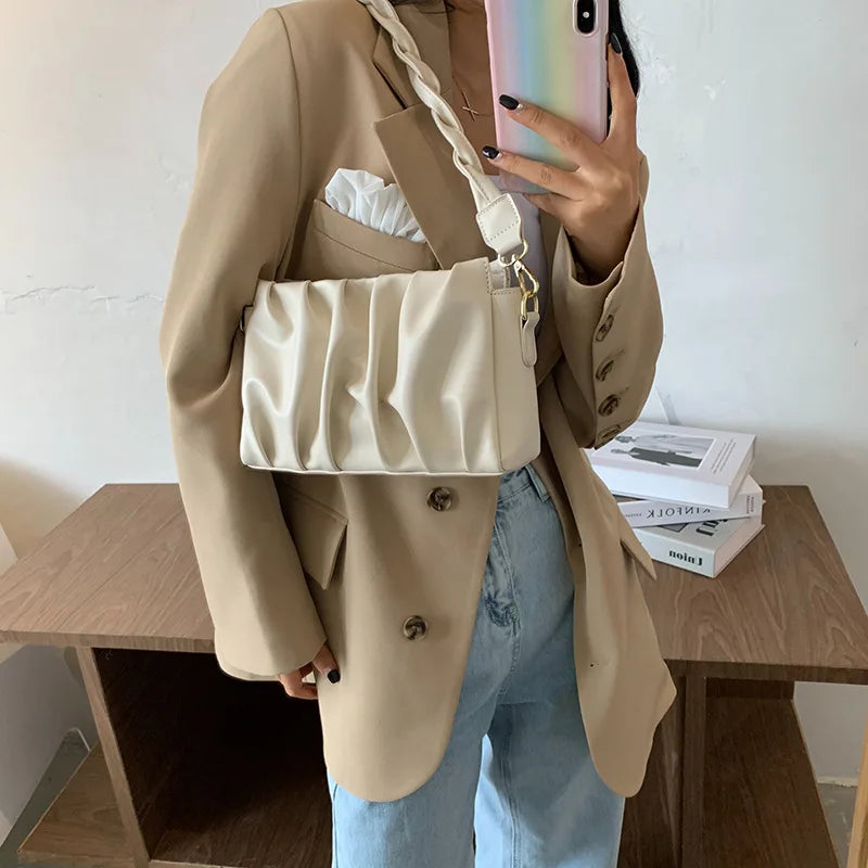 Soft-Faced Solid Folds Magnetic Buckle Handbag Women Zipper PU Underarm Shoulder
