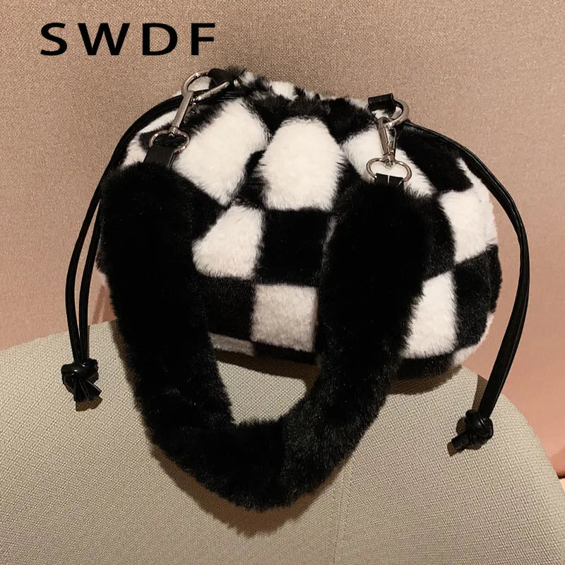 Faux Fur Shoulder Bags for Women Ladies Plush Hand Bags Clutch Purse