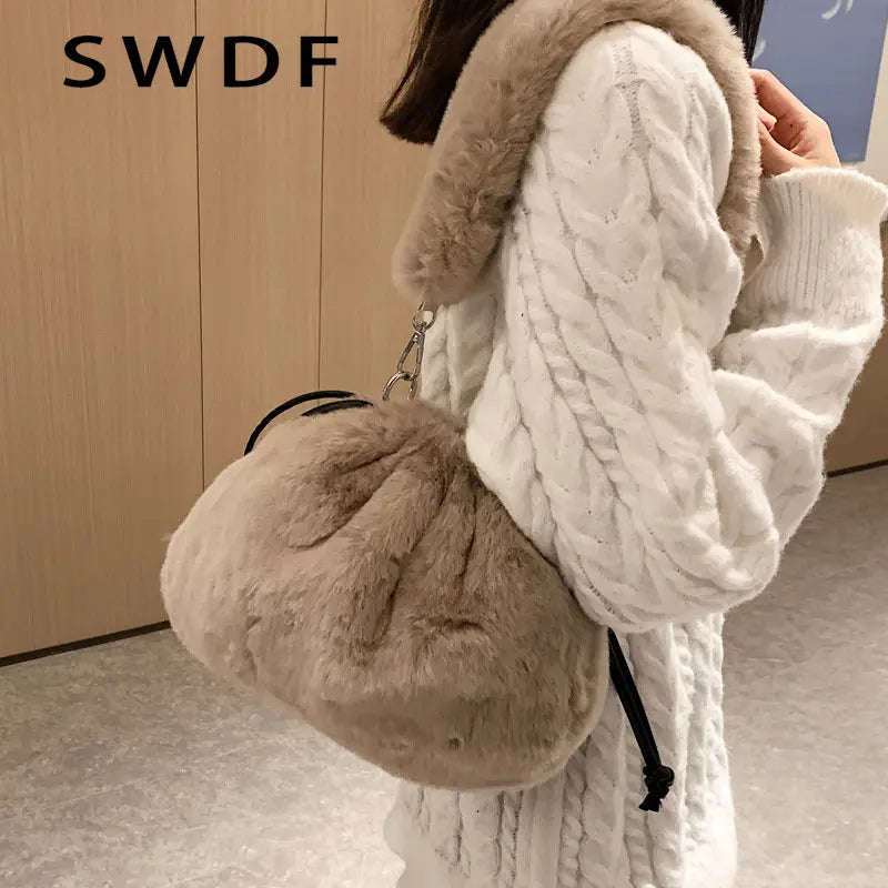 Faux Fur Shoulder Bags for Women Ladies Plush Hand Bags Clutch Purse