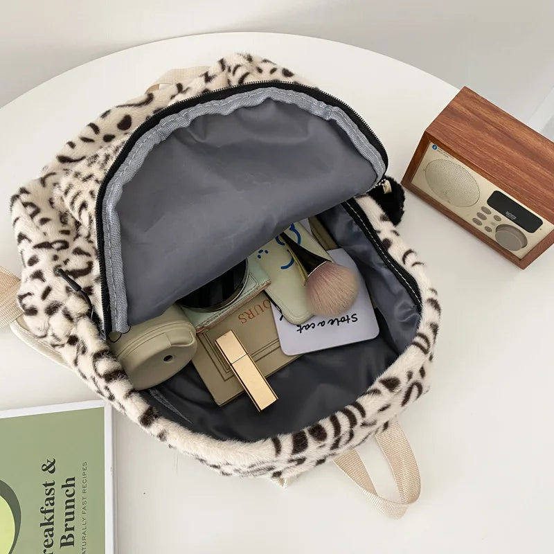 Leopard Print Women Backpack Large Capacity Soft Faux Fur School Bag for Girls
