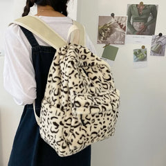 Leopard Print Women Backpack Large Capacity Soft Faux Fur School Bag for Girls