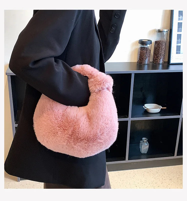 Faux Fur Women's Tote Bags Fluffy Handbags Top-handle Hobo Bag