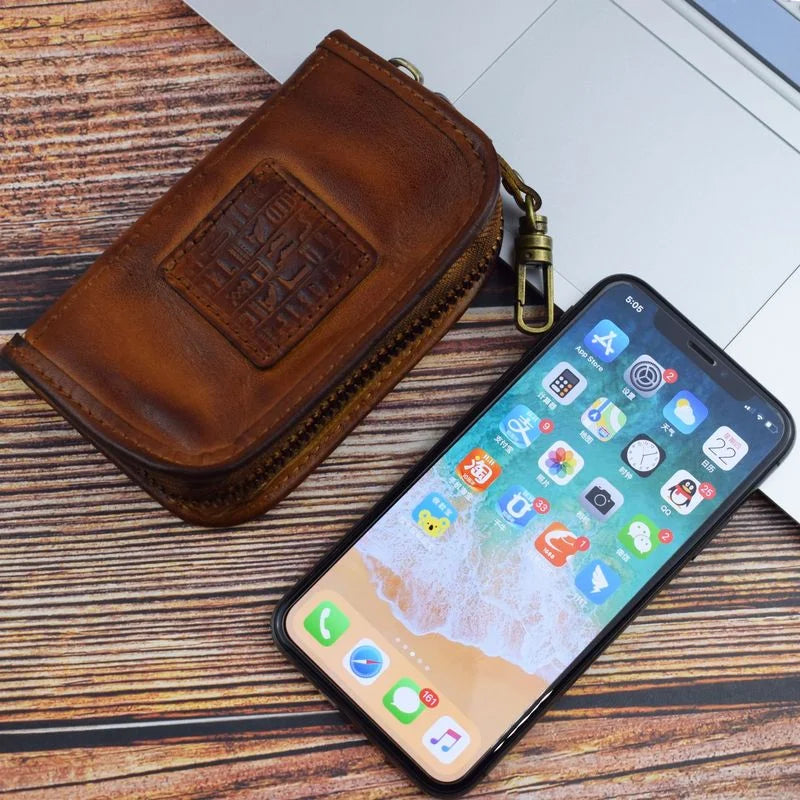 Vintage Car Key Holder Soft Leather Key Pouch Zipper Bag for Men