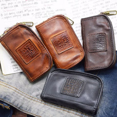 Vintage Car Key Holder Soft Leather Key Pouch Zipper Bag for Men