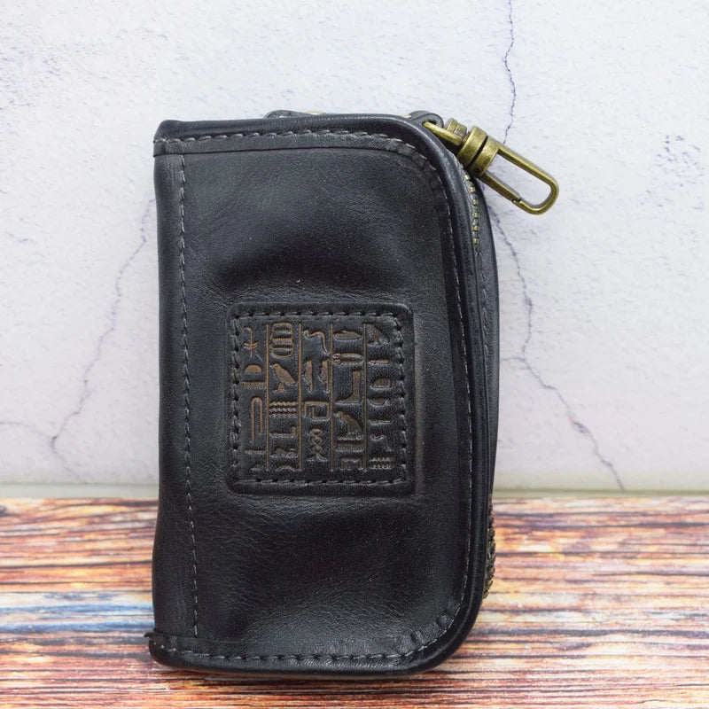 Vintage Car Key Holder Soft Leather Key Pouch Zipper Bag for Men