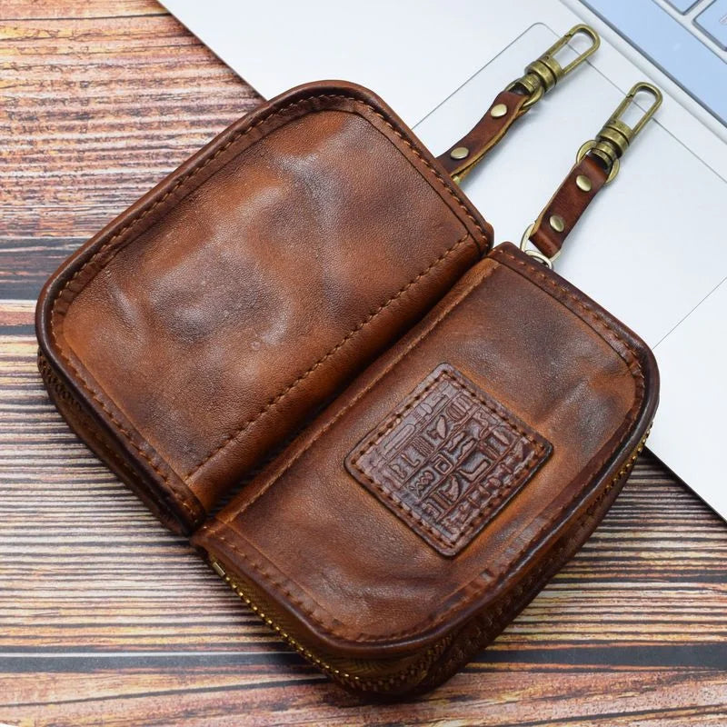 Vintage Car Key Holder Soft Leather Key Pouch Zipper Bag for Men
