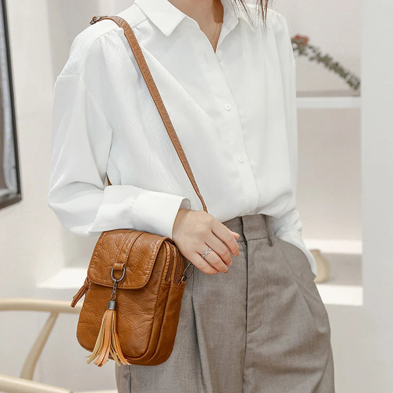Soft Leather Crossbody Bag with Tassel Shoulder Strap