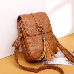 Soft Leather Crossbody Bag with Tassel Shoulder Strap
