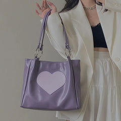 Large Capacity Love Heart Tote Handbag Soft Leather Shoulder Bag for Women