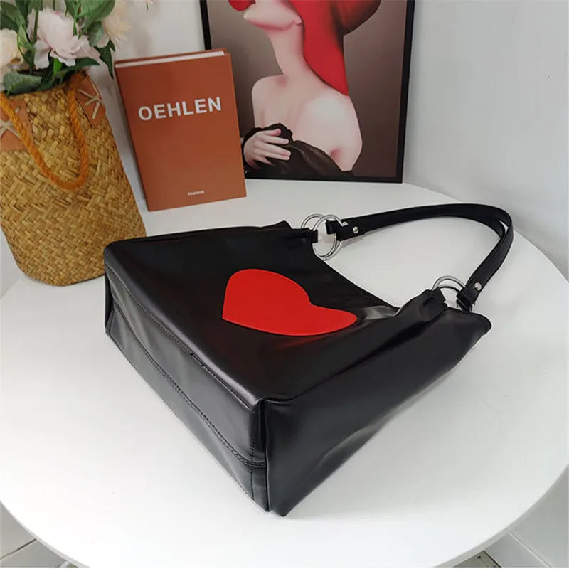 Large Capacity Love Heart Tote Handbag Soft Leather Shoulder Bag for Women