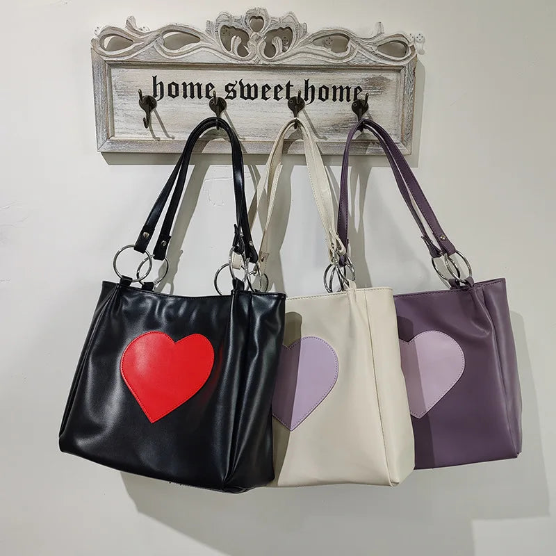 Large Capacity Love Heart Tote Handbag Soft Leather Shoulder Bag for Women
