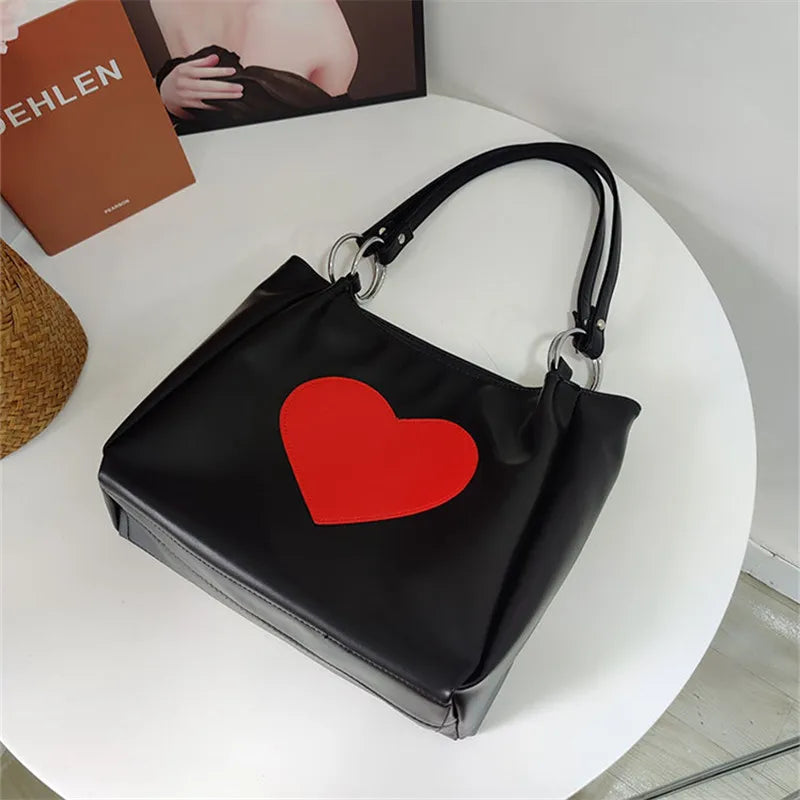 Large Capacity Love Heart Tote Handbag Soft Leather Shoulder Bag for Women