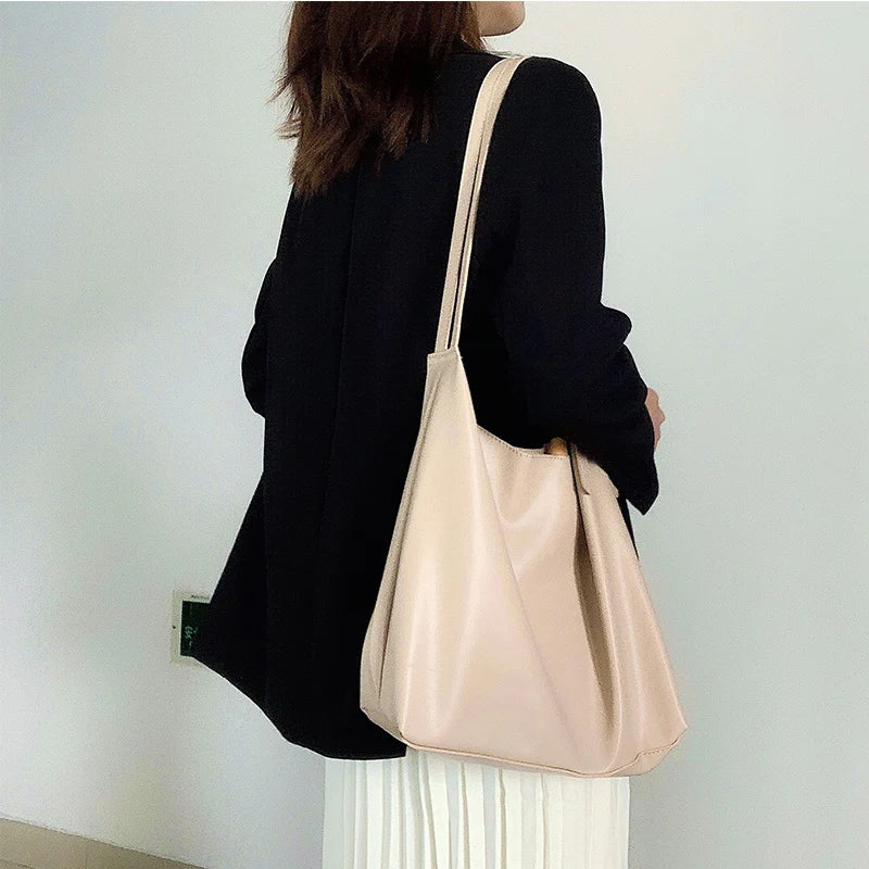 Soft Leather Totes Women Shoulder Bags Preppy Book Bag Vintage Handbag