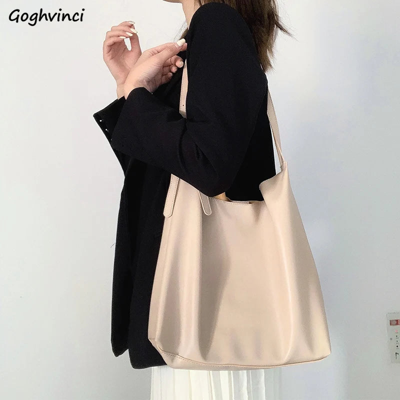 Soft Leather Totes Women Shoulder Bags Preppy Book Bag Vintage Handbag