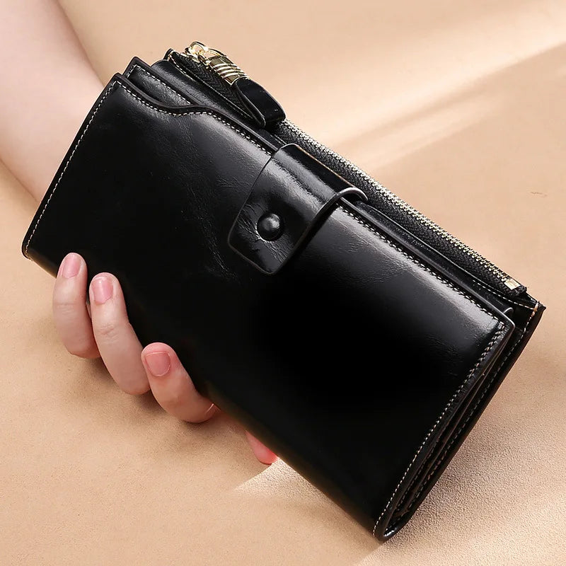 Soft Leather Anti-Theft Women's Wallet Long Oil Wax Leather Mobile Phone Grab Ba