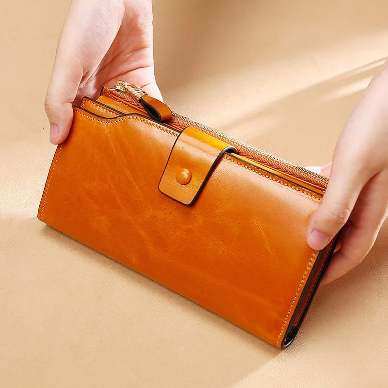 Soft Leather Anti-Theft Women's Wallet Long Oil Wax Leather Mobile Phone Grab Ba