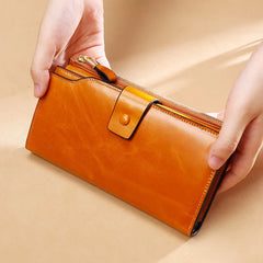 Soft Leather Anti-Theft Women's Wallet Long Oil Wax Leather Mobile Phone Grab Ba