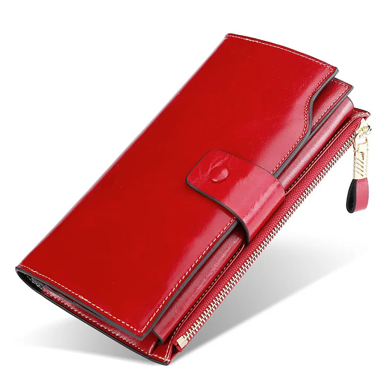 Soft Leather Anti-Theft Women's Wallet Long Oil Wax Leather Mobile Phone Grab Ba