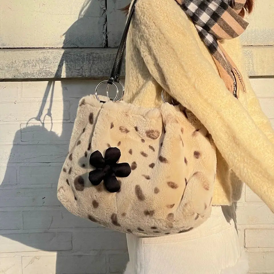 Leopard Print Plush Tote Bag - Autumn Winter Women Bag