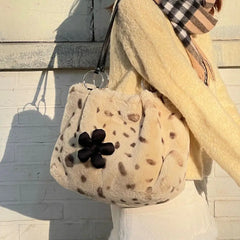 Leopard Print Plush Tote Bag - Autumn Winter Women Bag