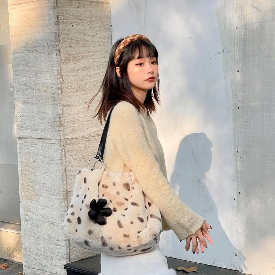 Leopard Print Plush Tote Bag - Autumn Winter Women Bag