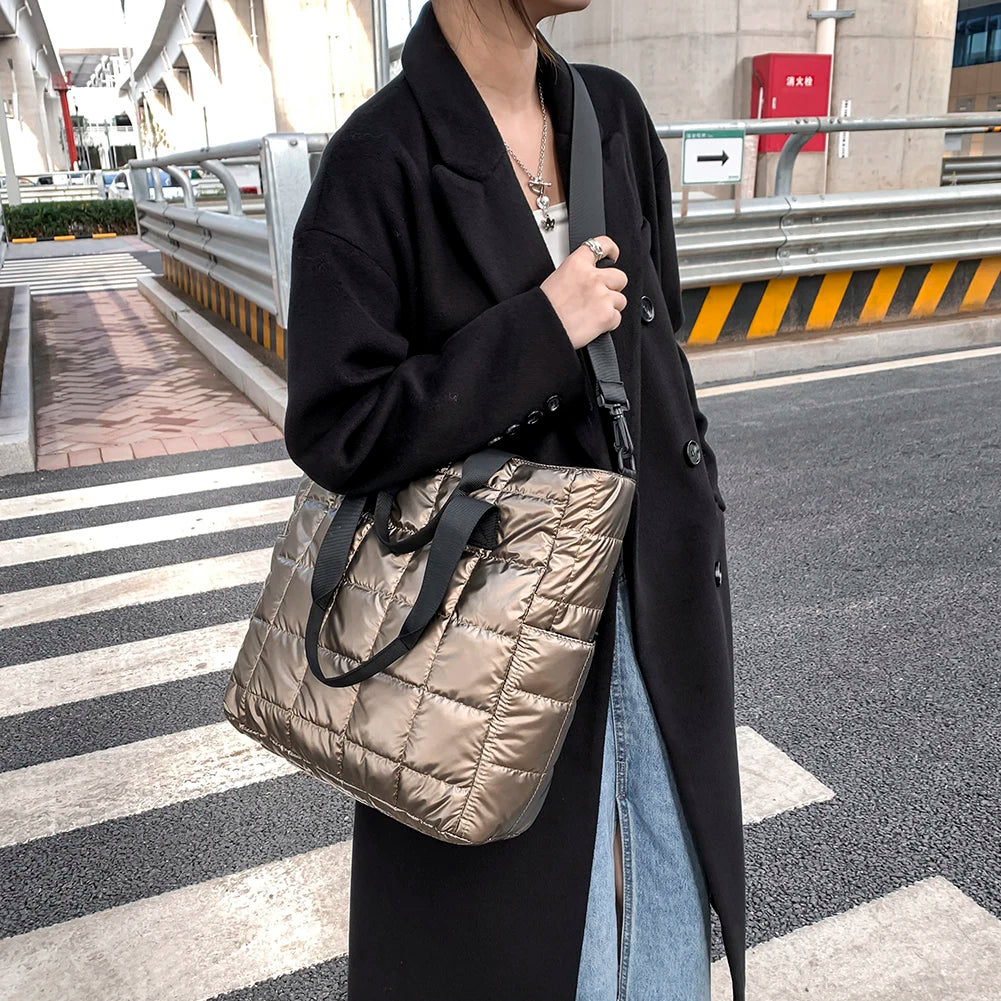 Nylon Cotton Padded Quilted Top-handle Bag Embroidery Thread Crossbody