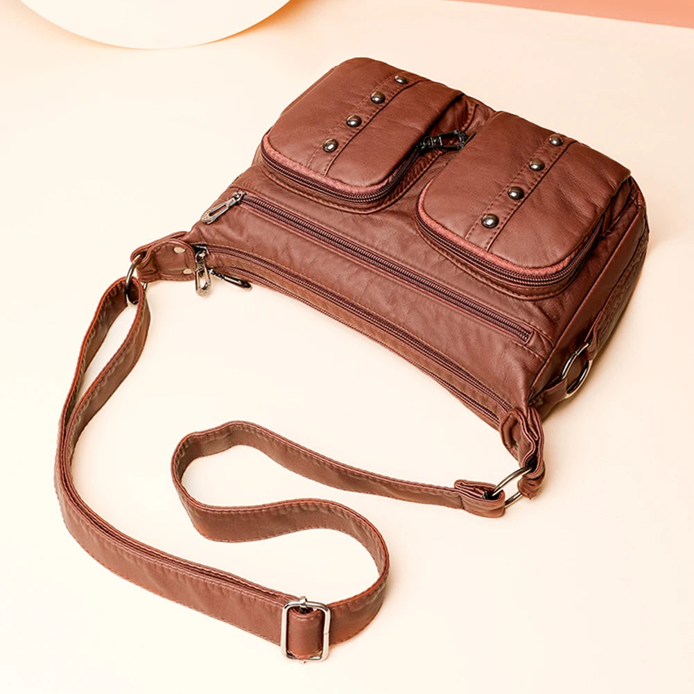 Soft PU Leather Shoulder Bag Multi-pocket Women Messenger Bag Casual Portable Ad