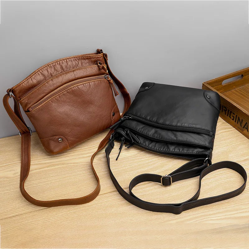 Retro PU Leather Shoulder Bag Double Zipper Women Messenger Bag