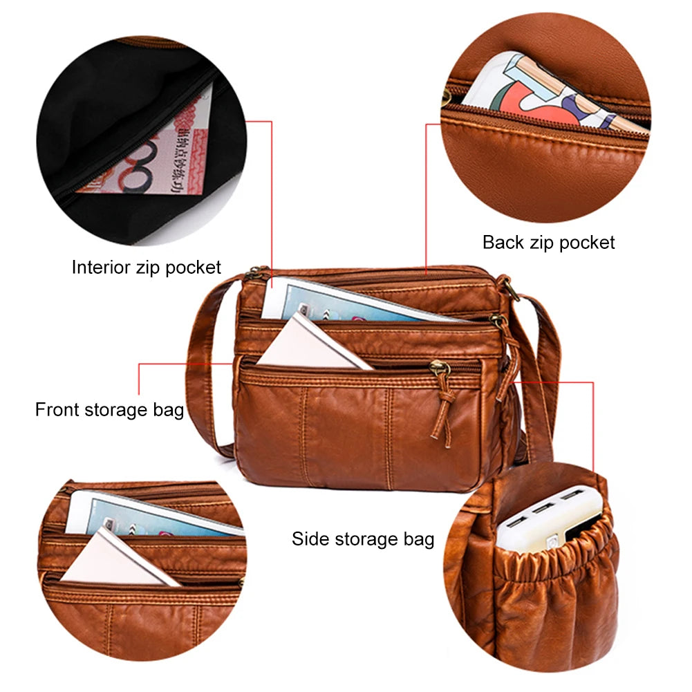 PU Leather Shoulder Bags Women Top Handle Satchel Multi-pocket Casual Tote