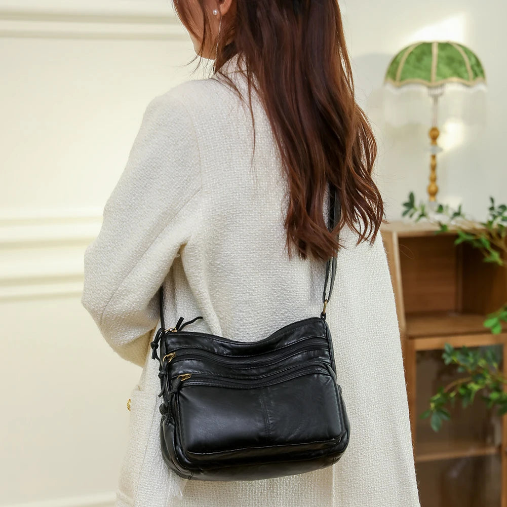 PU Leather Shoulder Bags Women Top Handle Satchel Multi-pocket Casual Tote