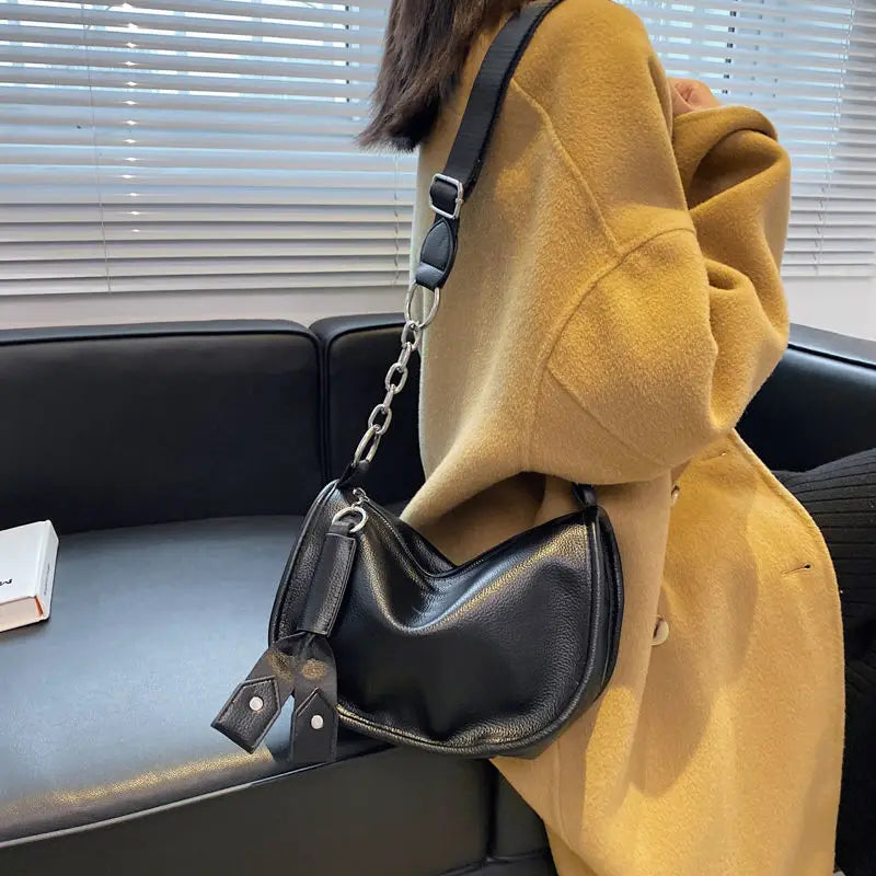 Soft PU Leather Shoulder Bags Women Chain Cross-body Saddle Bag Ins Retro