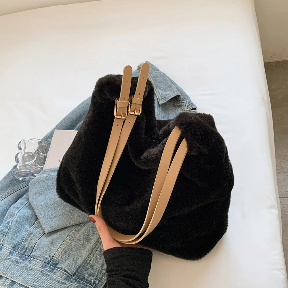 Soft Plush Double Strap Shoulder Bag For Women - Faux Fur Shopper Ba