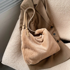 Soft Plush Double Strap Shoulder Bag For Women - Faux Fur Shopper Ba