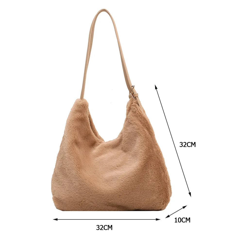 Soft Plush Double Strap Shoulder Bag For Women - Faux Fur Shopper Ba