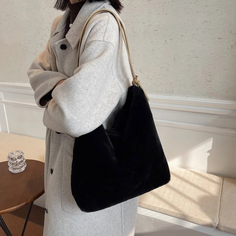 Soft Plush Double Strap Shoulder Bag For Women - Faux Fur Shopper Ba